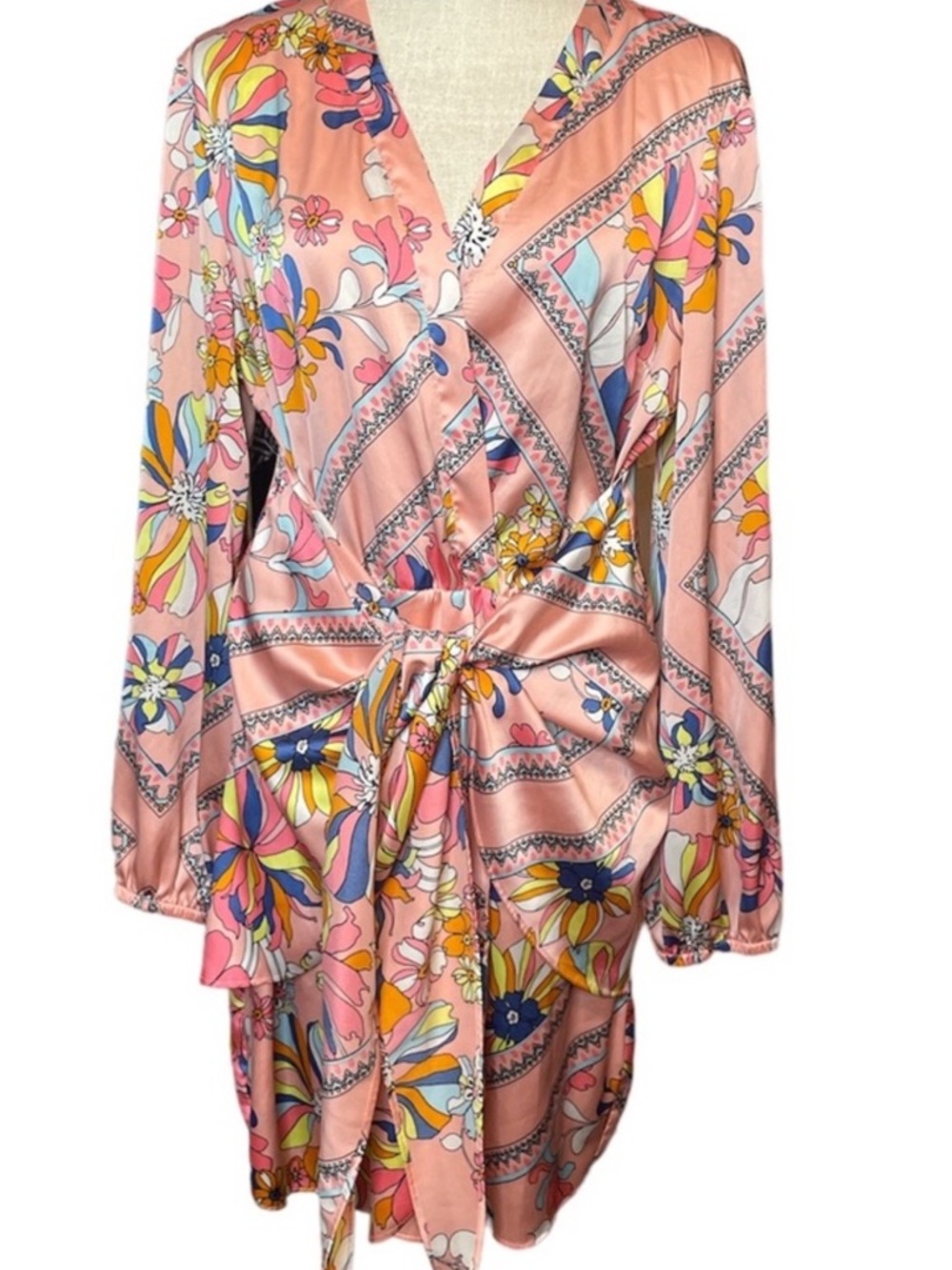 Floral Pink Satin Wrap Robe with Tie Waist